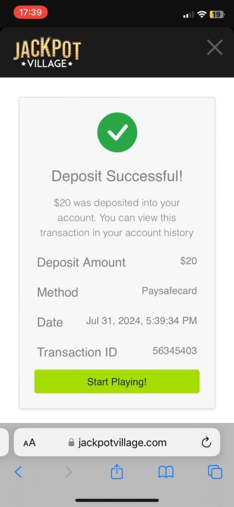 Jackpot Village deposit