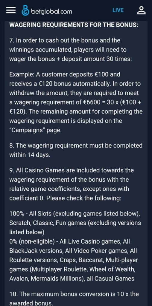 BetGlobal Casino screen