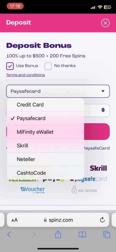 spinz casino deposit